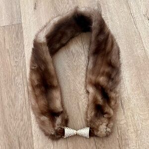 RARE Vtg Mink Fur Brown Long Neck Wrap Scarf Collar With Rhinestone Clasp, Party